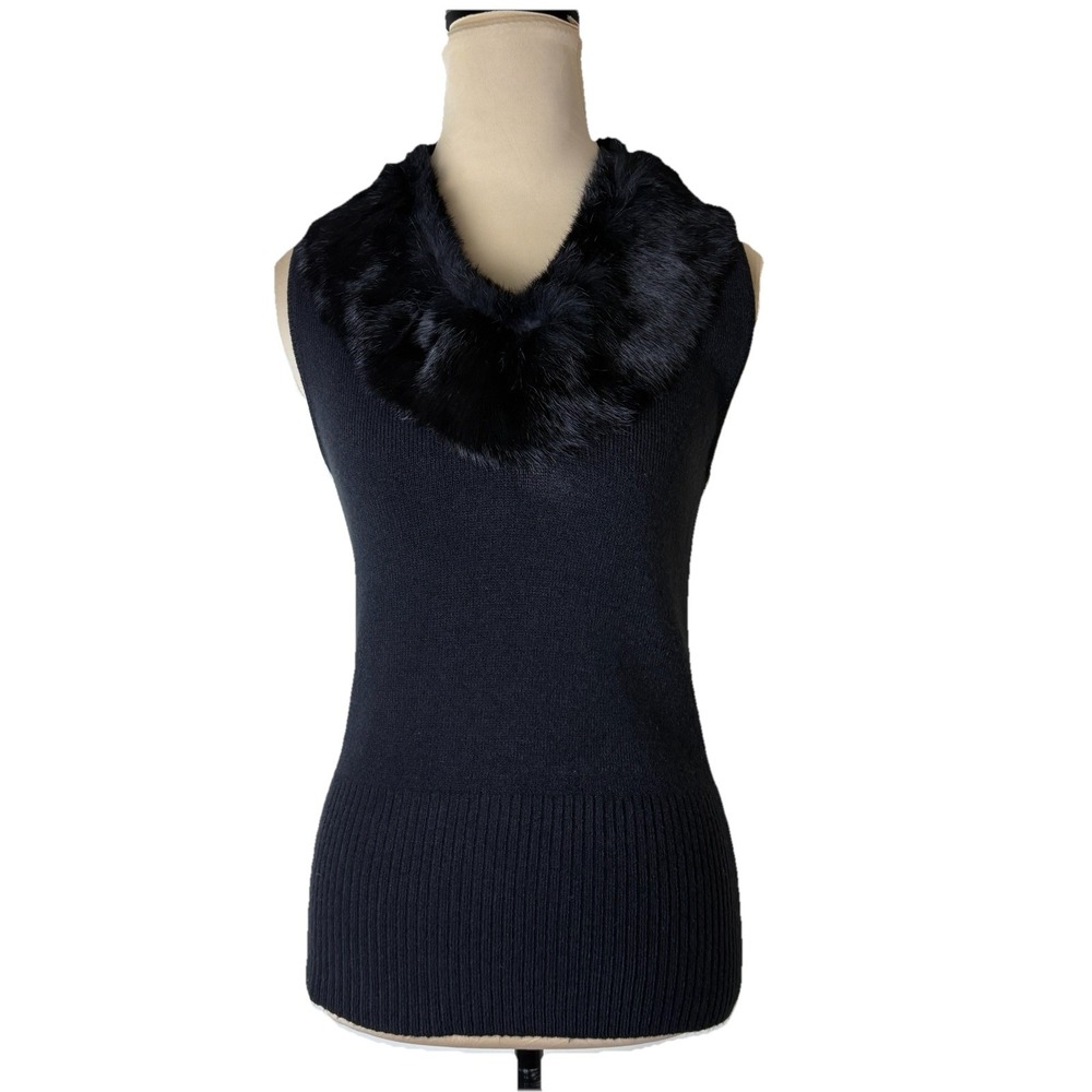 Womens Sleeveless Sweater Vest Faux Fur Collar Chic Layered Look Black Medium